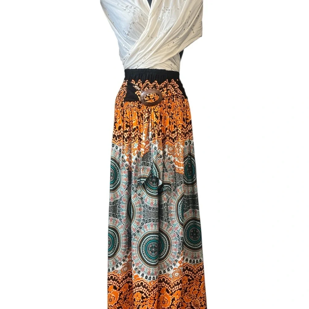 India Boutique Orange and Teal Wide Leg Pants with Tie NWT - Picture 2 of 4